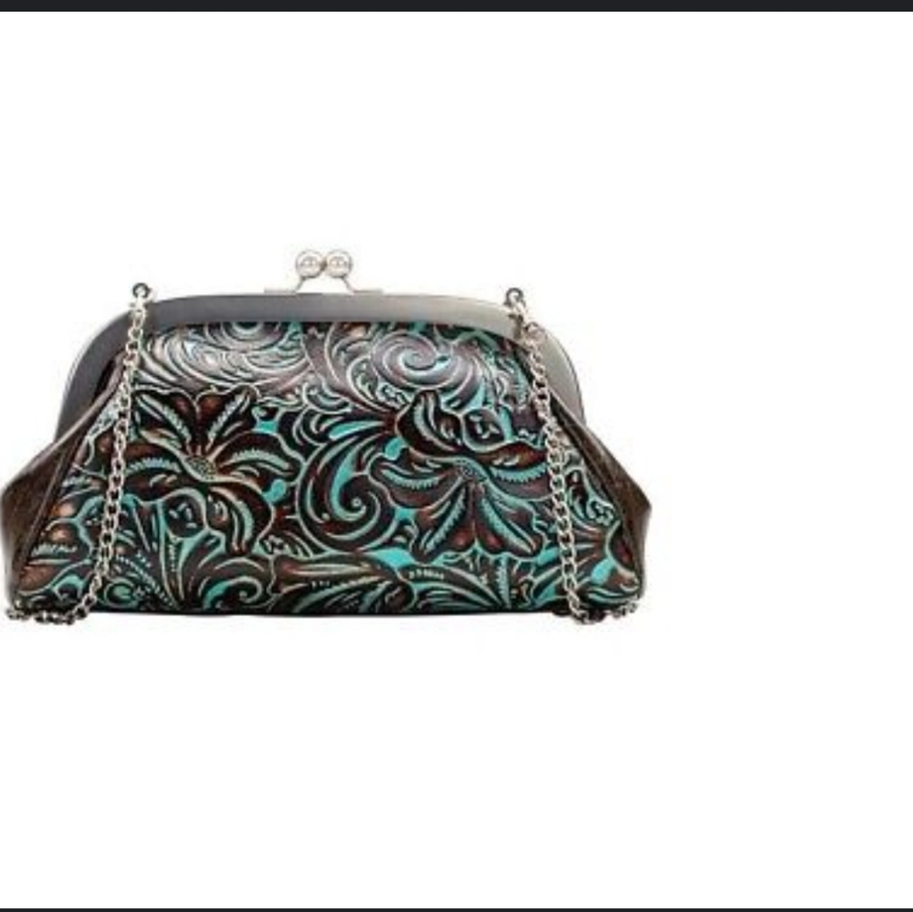 NWT PATRICIA NASH Mia Turquoise Tooled Leather Crossbody Bag w/ Chain Straps - Picture 2 of 12